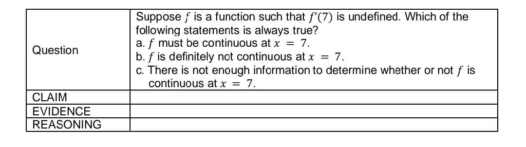 Suppose f is a function such that f'(7) is undefined. Which of the
following statements is always true?
a. f must be continuous at x = 7.
b. f is definitely not continuous at x = 7.
c. There is not enough information to determine whether or not f is
continuous at x = 7.
Question
CLAIM
EVIDENCE
REASONING
