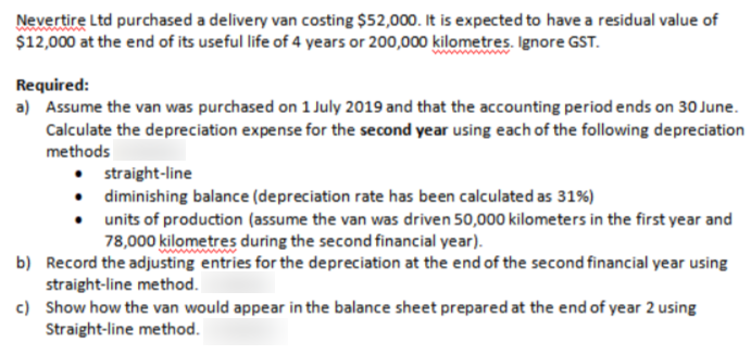 Nevertire Ltd purchased a delivery van costing $52,000. It is expected to have a residual value of
$12,000 at the end of its useful life of 4 years or 200,000 kilometres. Ignore GST.
Required:
a) Assume the van was purchased on 1 July 2019 and that the accounting period ends on 30 June.
Calculate the depreciation expense for the second year using each of the following depreciation
methods
• straight-line
• diminishing balance (depreciation rate has been calculated as 31%)
• units of production (assume the van was driven 50,000 kilometers in the first year and
78,000 kilometres during the second financial year).
b) Record the adjusting entries for the depreciation at the end of the second financial year using
straight-line method.
c) Show how the van would appear in the balance sheet prepared at the end of year 2 using
Straight-line method.
