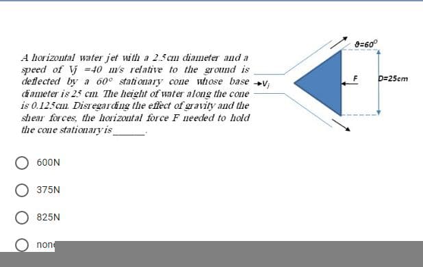 A horizontal water jet with a 2.5 cm diameter and a
speed of V =40 m's relative to the ground is
deflected by a 60° stationary cone whose base +V,
dameter is 25 cm The height of water along the cone
is 0.125cm Disregarding the effect of gravity and the
shear forces, the horizontal force F needed to hold
D=25cm
the cone stationary is
