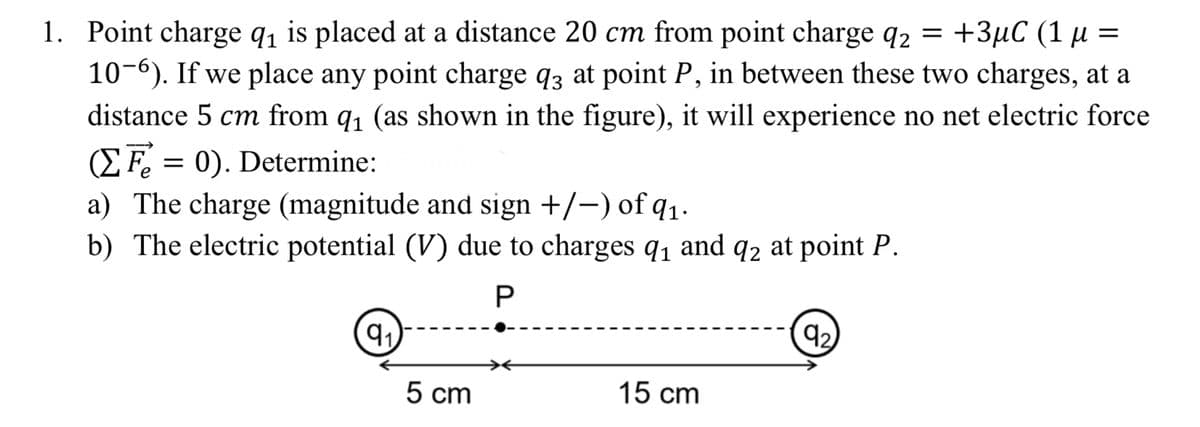 1. Point charge q₁ is placed at a distance 20 cm from point charge q₂ = +3μC (1 μ =
10-6). If we place any point charge q3 at point P, in between these two charges, at a
distance 5 cm from q₁ (as shown in the figure), it will experience no net electric force
(Fe = 0). Determine:
a) The charge (magnitude and sign +/-) of q₁.
b) The electric potential (V) due to charges q₁ and q2 at point P.
P
91₁
5 cm
15 cm
(92)
