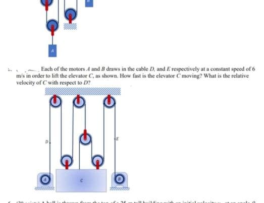 Each of the motors A and B draws in the cable D, and E respectively at a constant speed of 6
m/s in order to lift the elevator C, as shown. How fast is the elevator C moving? What is the relative
velocity of C with respect to D?
l buildi
