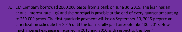 A. CM Company borrowed 2000,000 pesos from a bank on June 30, 2015. The loan has an
annual interest rate 10% and the principal is payable at the end of every quarter amounting
to 250,000 pesos. The first quarterly payment will be on September 30, 2015 prepare an
amortization schedule for 2015 until the loan is fully paid on September 30, 2017. How
much interest expense is incurred in 2015 and 2016 with respect to this loan?
