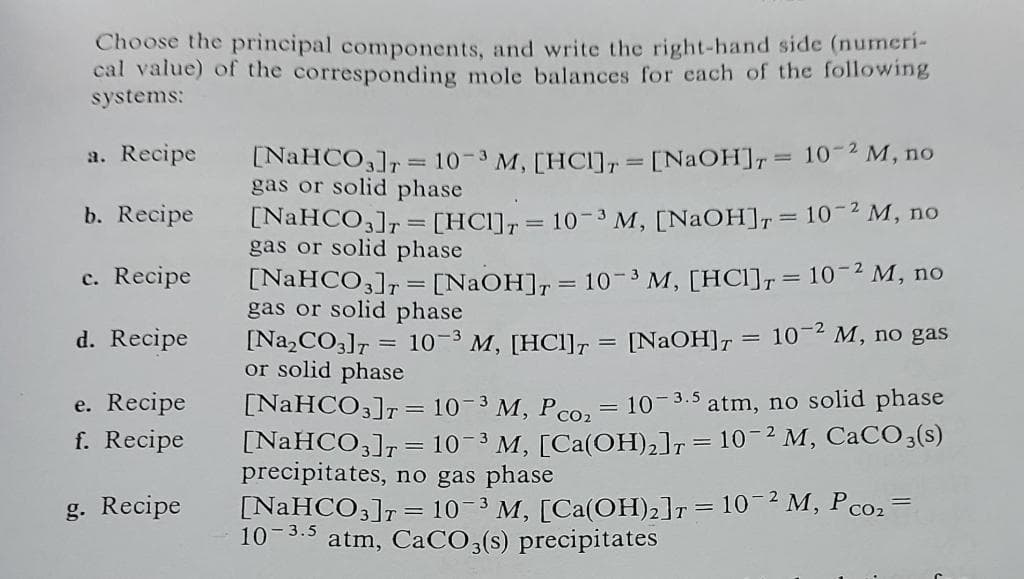 Choose the principal components, and write the right-hand side (numeri-
cal value) of the corresponding mole balances for each of the following
systems:
a. Recipe
b. Recipe
c. Recipe
d. Recipe
e. Recipe
f. Recipe
g. Recipe
[NaHCO3]T
gas or solid phase
[NaHCO3]r = [HC1],= 10-3 M, [NaOH] = 10-2 M, no
gas or solid phase
[NaOH] = 10-3 M, [HC1], 10-² M, no
10-2 M, no gas
=
[NaHCO3]T
gas or solid phase
[Na₂CO3]7 10-3 M, [HC1] =
or solid phase
=
10-3 M, [HC], [NaOH]T= 10-2 M, no
=
=
=
[NaOH]T
[NaHCO3]r = 10-3 M, Pco₂ = 10-3.5 atm, no solid phase
[NaHCO3]r = 10-3 M, [Ca(OH)₂]r = 10-2 M, CaCO3(s)
precipitates, no gas phase
02
[NaHCO3]r = 10-3 M, [Ca(OH)₂]r = 10-2 M, P co₂ =
10-3.5 atm, CaCO3(s) precipitates