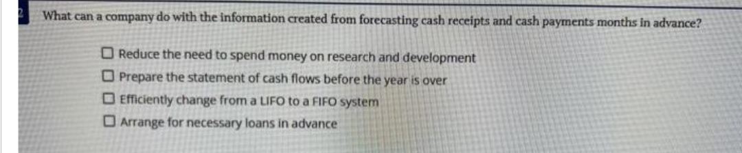 What can a company do with the information created from forecasting cash receipts and cash payments months in advance?
Reduce the need to spend money on research and development
Prepare the statement of cash flows before the year is over
Efficiently change from a LIFO to a FIFO system
Arrange for necessary loans in advance