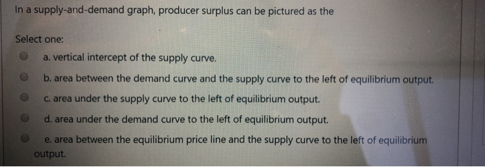 In a supply-and-demand graph, producer surplus can be pictured as the
Select one:
a. vertical intercept of the supply curve.
b. area between the demand curve and the supply curve to the left of equilibrium output.
c. area under the supply curve to the left of equilibrium output.
d. area under the demand curve to the left of equilibrium output.
e. area between the equilibrium price line and the supply curve to the left of equilibrium
output.