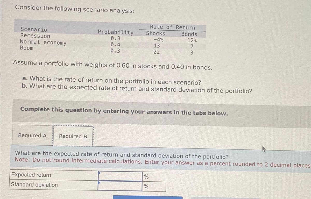 Consider the following scenario analysis:
Scenario
Recession
Normal economy
Boom
Required A
Probability
0.3
0.4
0.3
Assume a portfolio with weights of 0.60 in stocks and 0.40 in bonds.
a. What is the rate of return on the portfolio in each scenario?
b. What are the expected rate of return and standard deviation of the portfolio?
Rate of Return
Stocks
Bonds
12%
7
3
Complete this question by entering your answers in the tabs below.
Required B
Expected return
Standard deviation
-4%
13
22
What are the expected rate of return and standard deviation of the portfolio?
Note: Do not round intermediate calculations. Enter your answer as a percent rounded to 2 decimal places
%
%