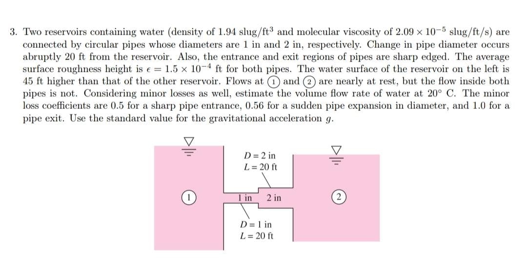 3. Two reservoirs containing water (density of 1.94 slug/ft3 and molecular viscosity of 2.09 x 10-5 slug/ft/s) are
connected by circular pipes whose diameters are 1 in and 2 in, respectively. Change in pipe diameter occurs
abruptly 20 ft from the reservoir. Also, the entrance and exit regions of pipes are sharp edged. The average.
surface roughness height is € = 1.5 x 10-4 ft for both pipes. The water surface of the reservoir on the left is
45 ft higher than that of the other reservoir. Flows at and are nearly at rest, but the flow inside both
pipes is not. Considering minor losses as well, estimate the volume flow rate of water at 20° C. The minor
loss coefficients are 0.5 for a sharp pipe entrance, 0.56 for a sudden pipe expansion in diameter, and 1.0 for a
pipe exit. Use the standard value for the gravitational acceleration g.
D|I₁
D = 2 in
L = 20 ft
1 in 2 in
D = 1 in
L = 20 ft