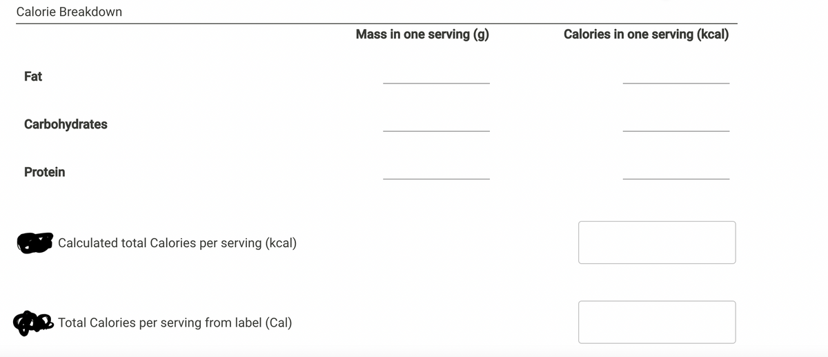 Calorie Breakdown
Mass in one serving (g)
Calories in one serving (kcal)
Fat
Carbohydrates
Protein
Calculated total Calories per serving (kcal)
Total Calories per serving from label (Cal)
