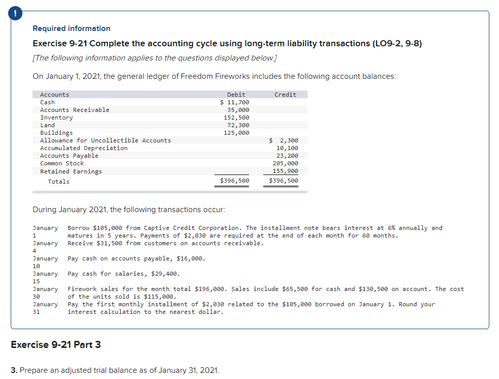 Required information
Exercise 9-21 Complete the accounting cycle using long-term liability transactions (LO9-2, 9-8)
[The following information applies to the questions displayed below.]
On January 1, 2021, the general ledger of Freedom Fireworks includes the following account balances:
Debit
$ 11,700
35,000
152,500
72,300
125,000
Accounts
Credit
Cash
Accounts Receivable
Inventory
Land
Buildings
$ 2,300
10, 100
23, 200
205,000
155,900
Allowance for Uncollectible Accounts
Accumulated Depreciation
Accounts Payable
Common Stock
Retained Earnings
Totals
$396,500
$396,500
During January 2021, the following transactions occur:
Borrow $105, 000 from Captive Credit Corporation. The installment note bears interest at 6% annually and
matures in 5 years. Payments
Receive $31, 500 from customers on accounts receivable.
January
$2,030 are required at the end of ead
onth for 6e months.
January
4
January
Pay cash on accounts payable, $16,000.
10
January
Pay cash for salaries, $29,400.
15
January
Firework sales for the month total $196,000. Sales include $65,500 for cash and $130, 500 on account. The cost
of the units sold is $115,000.
30
Pay the first monthly installment of $2,030 related to the $105,000 borrowed on January 1. Round your
interest calculation to the nearest dollar.
January
31
Exercise 9-21 Part 3
3. Prepare an adjusted trial balance as of January 31, 2021.
