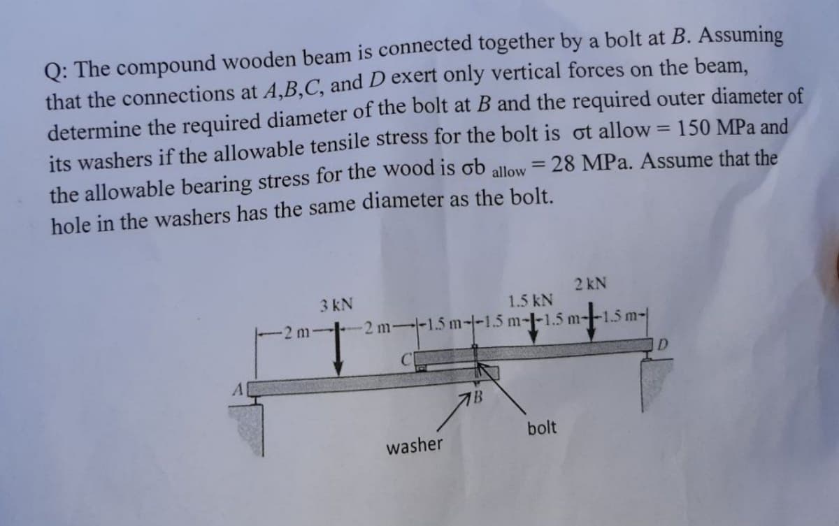 Q: The compound wooden beam is connected together by a bolt at B. Assuming
that the connections at A,B,C, and D exert only vertical forces on the beam,
determine the required diameter of the bolt at B and the required outer diameter of
its washers if the allowable tensile stress for the bolt is ot allow = 150 MPa and
the allowable bearing stress for the wood is ob allow = 28 MPa. Assume that the
%3D
hole in the washers has the same diameter as the bolt.
2 kN
3 kN
1.5 kN
-2 m--1.5 m--1.5 m--1.5 m--1.5 m-
2 m
bolt
washer
