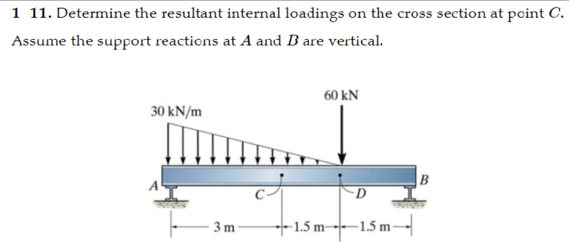 1 11. Determine the resultant internal loadings on the cross section at point C.
Assume the support reactions at A and B are vertical.
30 kN/m
3 m
60 kN
-1.5 m-
D
-1.5 m-