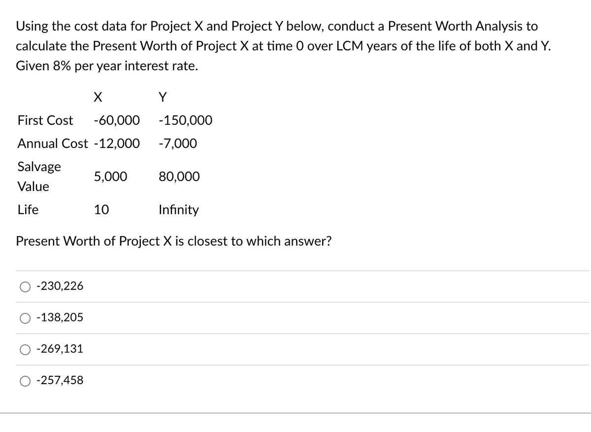 Using the cost data for Project X and Project Y below, conduct a Present Worth Analysis to
calculate the Present Worth of Project X at time 0 over LCM years of the life of both X and Y.
Given 8% per year interest rate.
First Cost -60,000
Annual Cost -12,000
Salvage
Value
Life
-230,226
-138,205
X
-269,131
-257,458
5,000
Infinity
Present Worth of Project X is closest to which answer?
10
Y
-150,000
-7,000
80,000