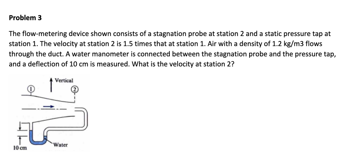 Problem 3
The flow-metering device shown consists of a stagnation probe at station 2 and a static pressure tap at
station 1. The velocity at station 2 is 1.5 times that at station 1. Air with a density of 1.2 kg/m3 flows
through the duct. A water manometer is connected between the stagnation probe and the pressure tap,
and a deflection of 10 cm is measured. What is the velocity at station 2?
Vertical
10 cm
Water