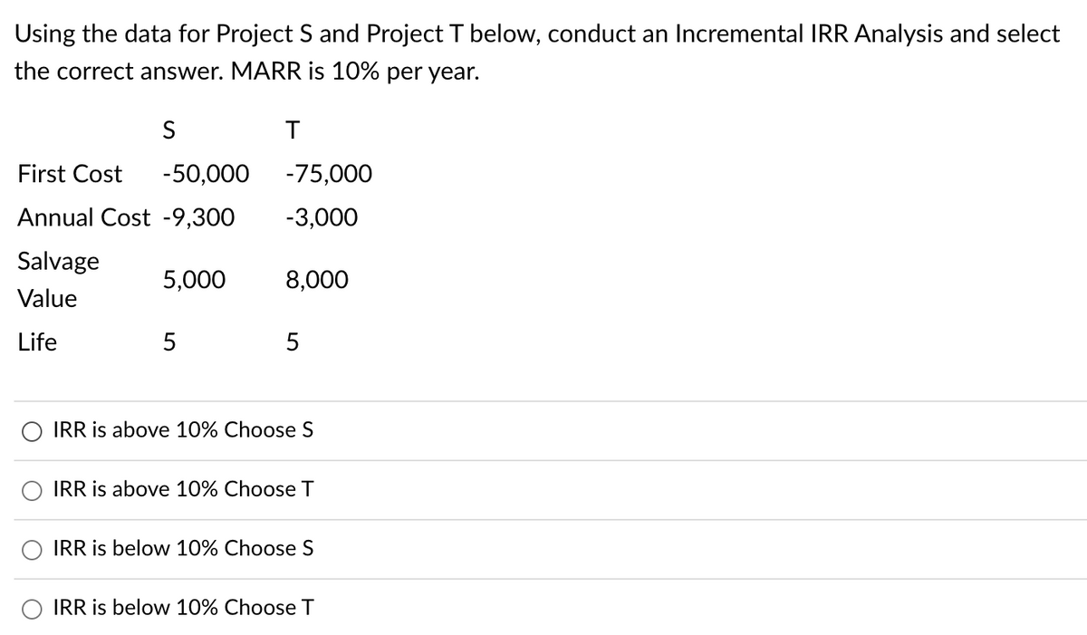 Using the data for Project S and Project T below, conduct an Incremental IRR Analysis and select
the correct answer. MARR is 10% per year.
S
First Cost -50,000
Annual Cost -9,300
Salvage
Value
Life
5,000
5
T
-75,000
-3,000
8,000
5
IRR is above 10% Choose S
IRR is above 10% Choose T
IRR is below 10% Choose S
IRR is below 10% Choose T