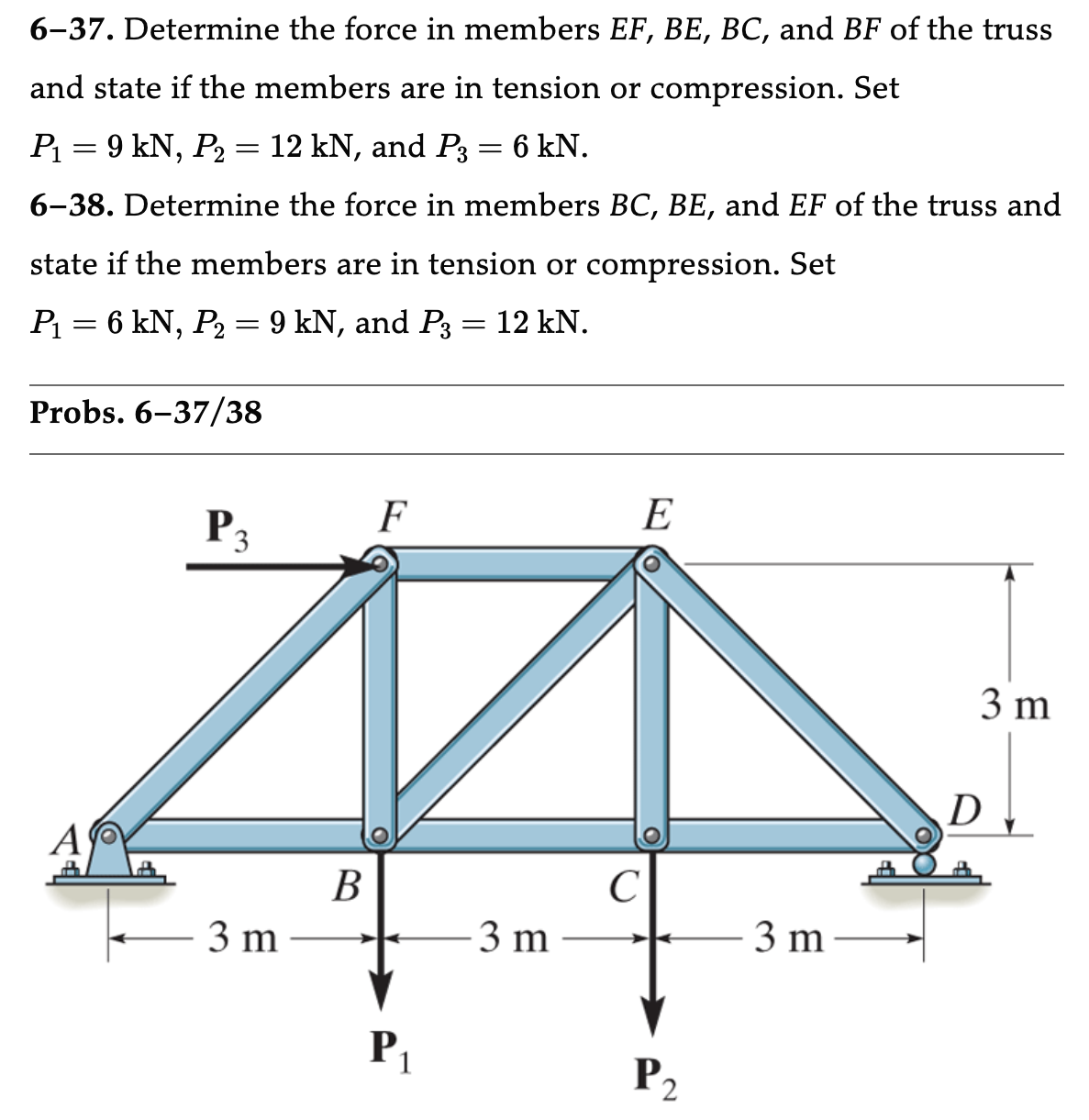 6-37. Determine the force in members EF, BE, BC, and BF of the truss
and state if the members are in tension or compression. Set
P₁ = 9 kN, P₂ = 12 kN, and P3 = 6 kN.
6-38. Determine the force in members BC, BE, and EF of the truss and
state if the members are in tension or compression. Set
P₁ = 6 kN, P₂ = 9 kN, and P3
Probs. 6-37/38
A
P3
3 m
B
F
P₁
= 12 kN.
3 m
E
C
P2
3 m
3 m
D