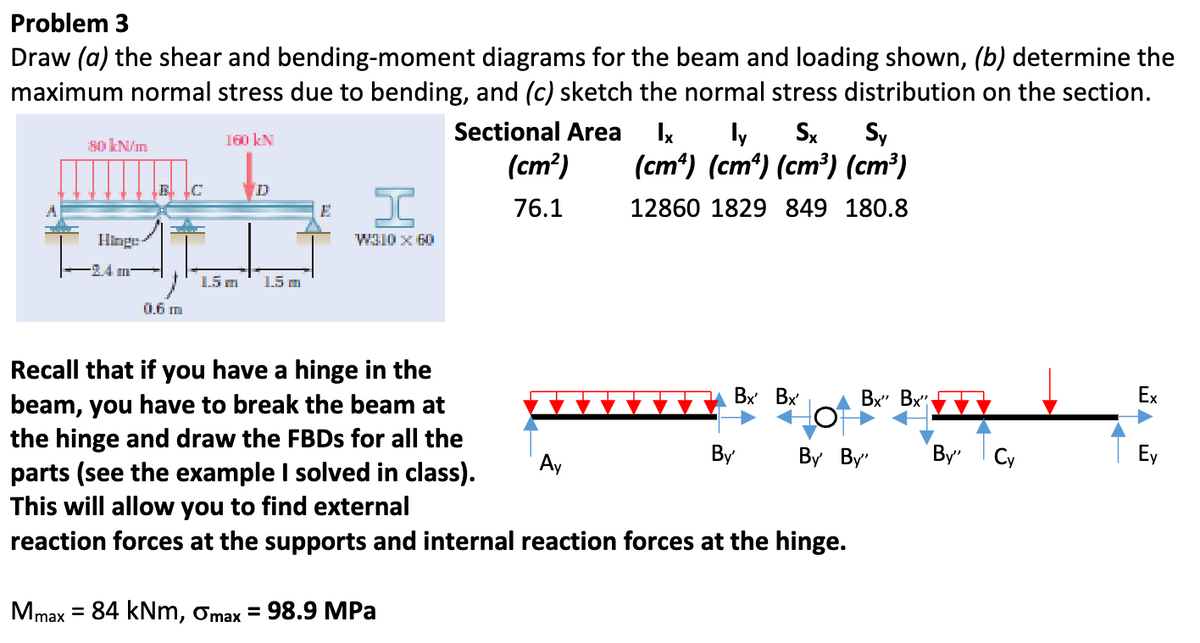 Problem 3
Draw (a) the shear and bending-moment diagrams for the beam and loading shown, (b) determine the
maximum normal stress due to bending, and (c) sketch the normal stress distribution on the section.
Sectional Area Ix ly Sx Sy
(cm) (cm) (cm³) (cm³)
80 kN/m
Hinge
160 kN
D
(cm²)
E
H
76.1
12860 1829 849 180.8
W310 x 60
-2.4 m
0.6 m
1.5 m
1.5 m
Recall that if you have a hinge in the
beam, you have to break the beam at
the hinge and draw the FBDs for all the
parts (see the example I solved in class).
Ay
This will allow you to find external
Ex
Bx' Bx'
Bx" Bx"
By'
By' By"
By"
Cy
Ey
reaction forces at the supports and internal reaction forces at the hinge.
Mmax = 84 kNm, σmax = 98.9 MPa