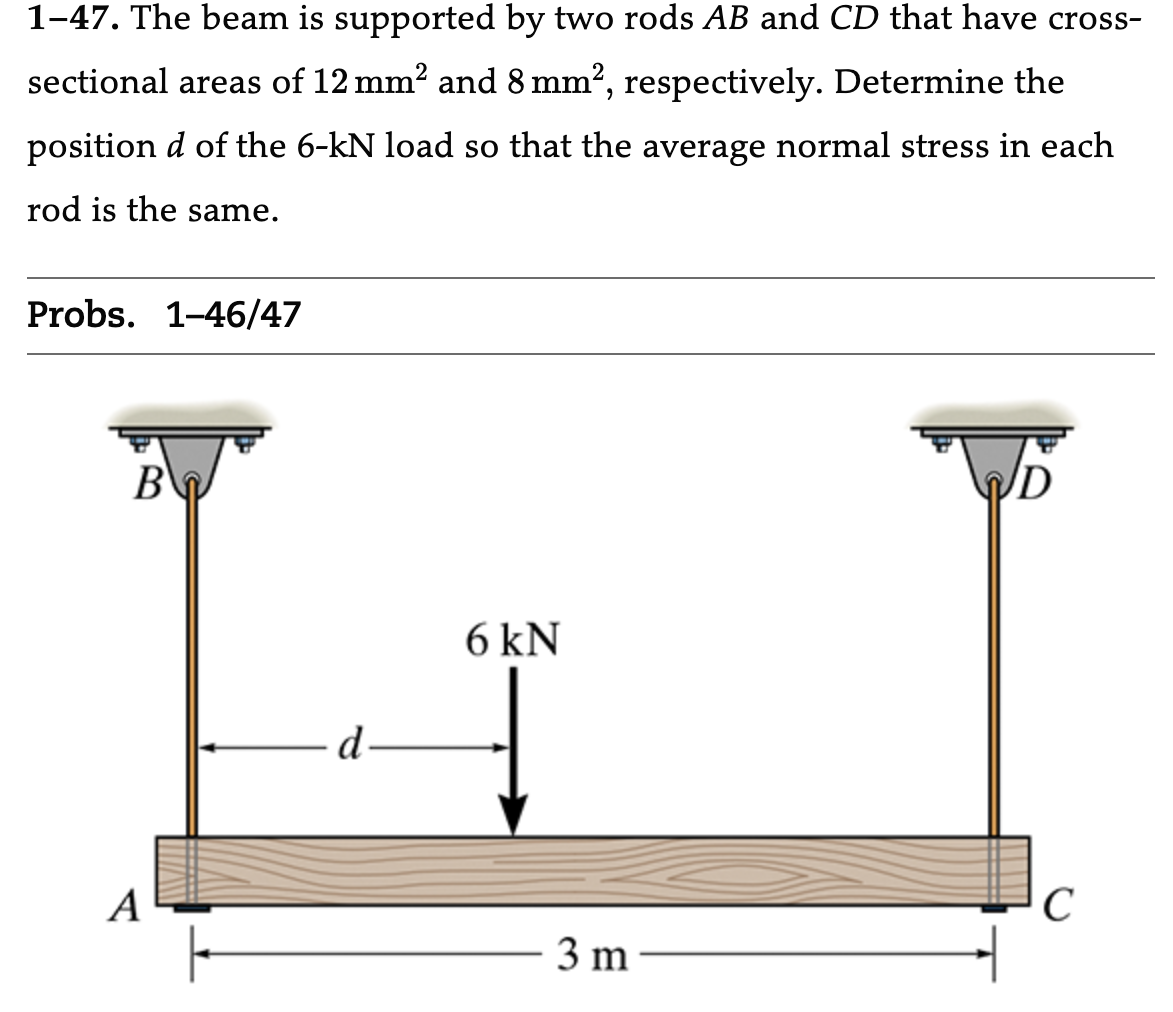 1-47. The beam is supported by two rods AB and CD that have cross-
sectional areas of 12 mm² and 8 mm², respectively. Determine the
position d of the 6-kN load so that the average normal stress in each
rod is the same.
Probs. 1-46/47
B
A
d
6 kN
3 m
D
C