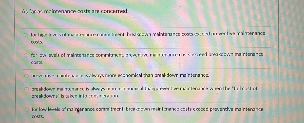 As far as maintenance costs are concerned:
O for high levels of maintenance commitment, breakdown maintenance costs exceed preventive maintenance
costs.
O for low levels of maintenance commitment, preventive maintenance costs exceed breakdown maintenance
costs.
preventive maintenance is always more economical than breakdown maintenance.
breakdown maintenance is always more economical than preventive maintenance when the "full cost of
breakdowns" is taken into consideration.
O for low levels of mairtenance commitment, breakdown maintenance costs exceed preventive maintenance
costs.
