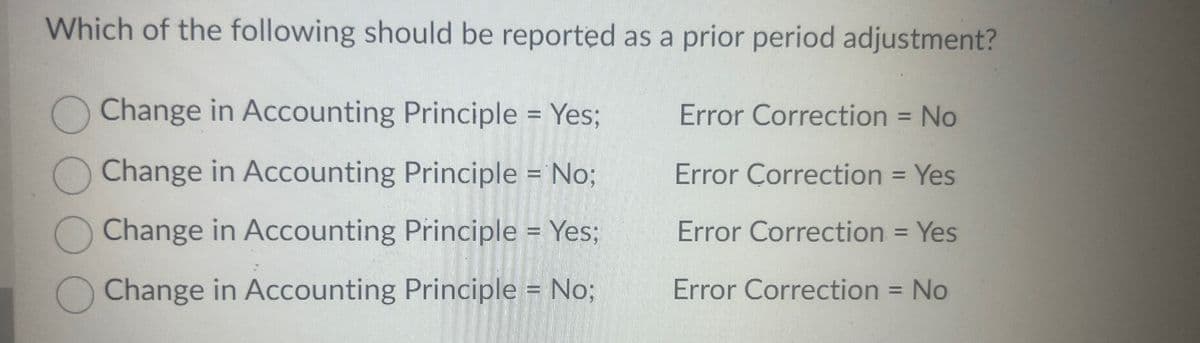 Which of the following should be reported as a prior period adjustment?
Change in Accounting Principle = Yes;
Error Correction = No
Change in Accounting Principle = No;
Change in Accounting Principle = Yes;
Change in Accounting Principle = No;
Error Correction = Yes
Error Correction = Yes
Error Correction = No