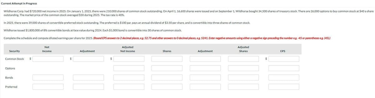 Current Attempt in Progress
Wildhorse Corp. had $720,000 net income in 2025. On January 1, 2025, there were 210,000 shares of common stock outstanding. On April 1, 16,600 shares were issued and on September 1, Wildhorse bought 34,500 shares of treasury stock. There are 26,000 options to buy common stock at $40 a share
outstanding. The market price of the common stock averaged $50 during 2025. The tax rate is 40%.
In 2025, there were 39,000 shares of convertible preferred stock outstanding. The preferred is $100 par, pays an annual dividend of $3.50 per share, and is convertible into three shares of common stock.
Wildhorse issued $1,800,000 of 8% convertible bonds at face value during 2024. Each $1,000 bond is convertible into 30 shares of common stock.
Complete the schedule and compute diluted earnings per share for 2025. (Round EPS answers to 2 decimal places, e.g. 52.75 and other answers to O decimal places, e.g. 5241. Enter negative amounts using either a negative sign preceding the number e.g. -45 or parentheses e.g. (45).)
Security
Net
Income
Common Stock
$
Options
Bonds
Preferred
Adjustment
Adjusted
Net Income
$
Shares
Adjustment
Adjusted
Shares
EPS
