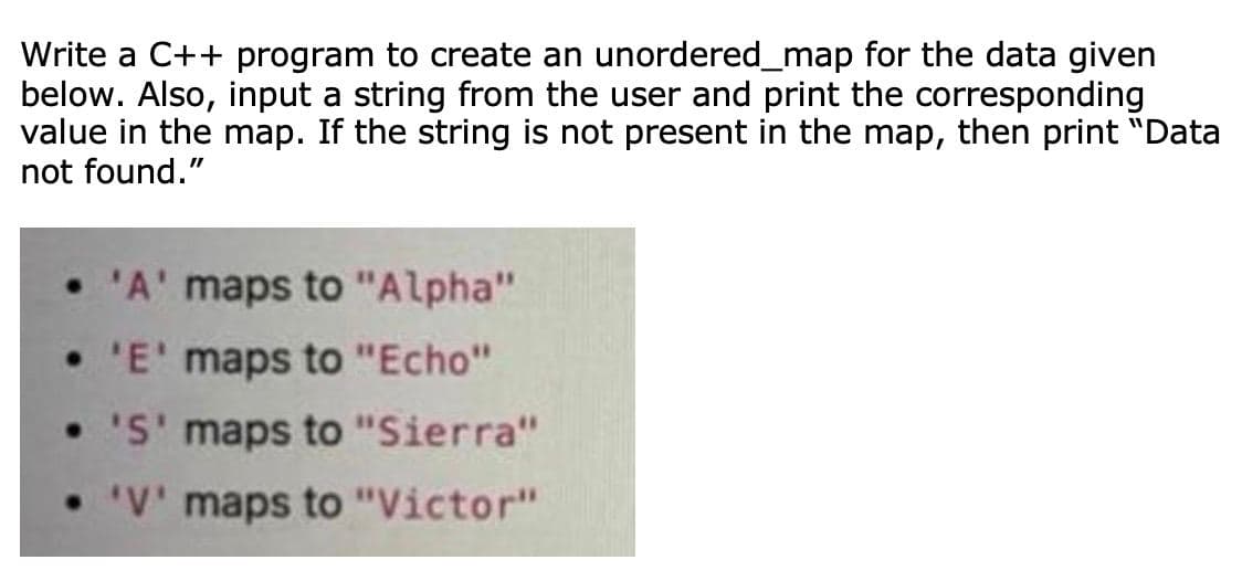 Write a C++ program to create an unordered_map for the data given
below. Also, input a string from the user and print the corresponding
value in the map. If the string is not present in the map, then print "Data
not found."
'A' maps to "Alpha"
• 'E' maps to "Echo"
• 'S' maps to "Sierra"
• 'V' maps to "Victor"
