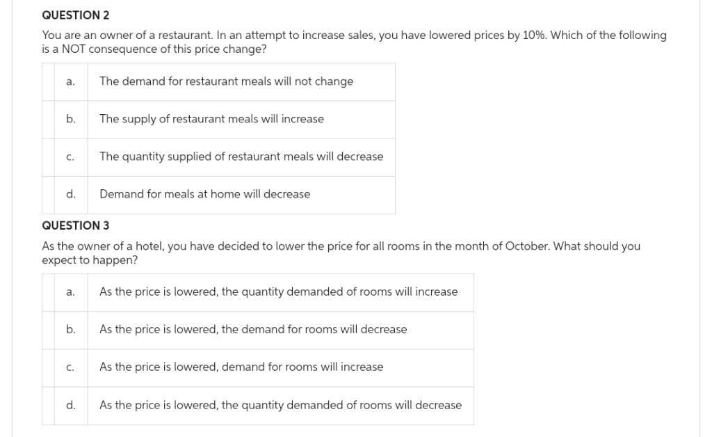 QUESTION 2
You are an owner of a restaurant. In an attempt to increase sales, you have lowered prices by 10%. Which of the following
is a NOT consequence of this price change?
The demand for restaurant meals will not change
a.
b.
C.
d.
a.
b.
QUESTION 3
As the owner of a hotel, you have decided to lower the price for all rooms in the month of October. What should you
expect to happen?
C.
The supply of restaurant meals will increase
d.
The quantity supplied of restaurant meals will decrease
Demand for meals at home will decrease
As the price is lowered, the quantity demanded of rooms will increase
As the price is lowered, the demand for rooms will decrease
As the price is lowered, demand for rooms will increase
As the price is lowered, the quantity demanded of rooms will decrease