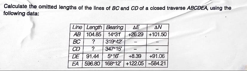 Calculate the omitted lengths of the lines of BC and CD of a closed traverse ABCDEA, using the
following data:
Line Length Bearing ΔΕ
AN
AB 104.85
14°31 +26.29 +101.50
BC
?
319°42'
CD
? 347°15'
DE 91.44 5°16′
EA 596.80 168°12' +122.05-584.21
-
-
-
+8.39 +91.06