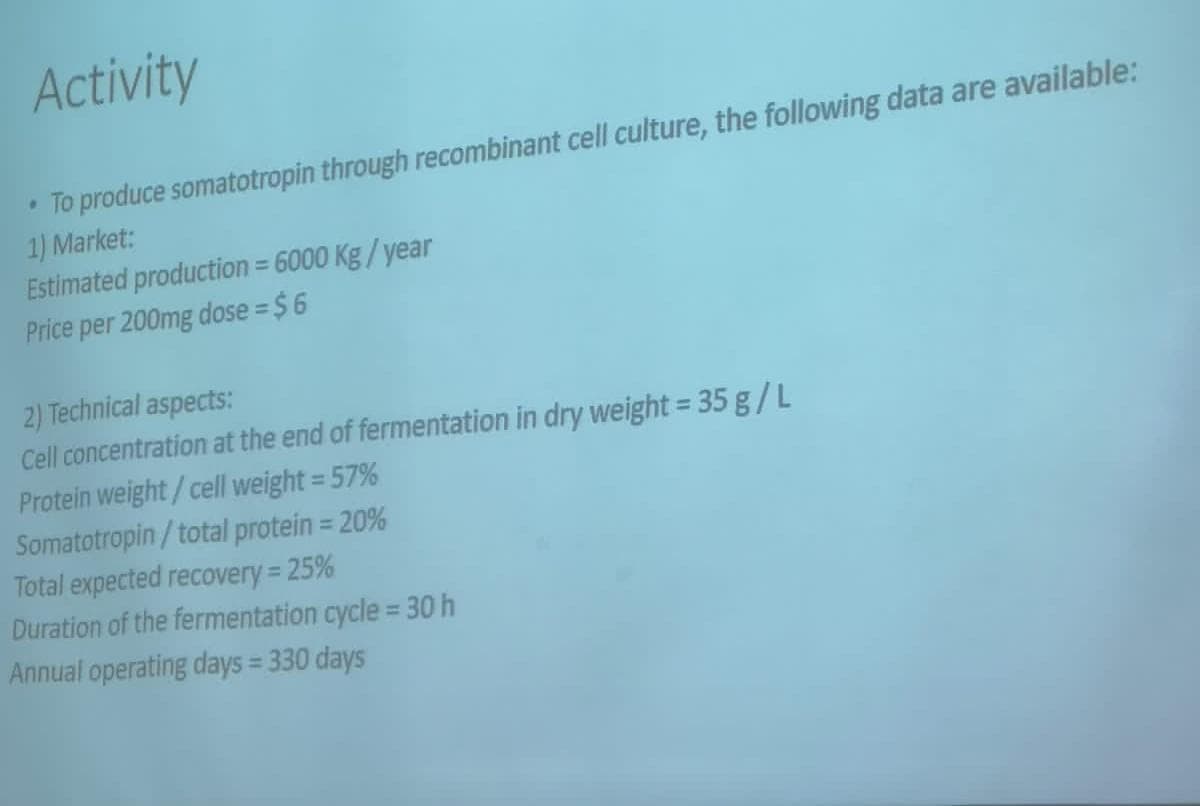 Activity
• To produce somatotropin through recombinant cell culture, the following data are available:
1) Market:
Estimated production = 6000 Kg/year
Price per 200mg dose = $6
2) Technical aspects:
Cell concentration at the end of fermentation in dry weight = 35 g/L
Protein weight/cell weight = 57%
Somatotropin/total protein = 20%
Total expected recovery = 25%
Duration of the fermentation cycle = 30 h
Annual operating days = 330 days