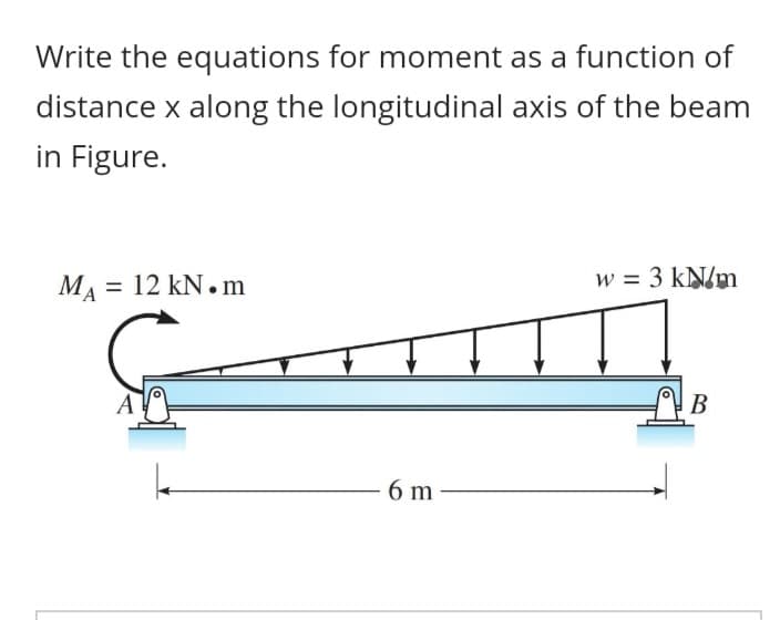 Write the equations for moment as a function of
distance x along the longitudinal axis of the beam
in Figure.
MA = 12 kN. m
w = 3 kN/m
%3D
6 m
