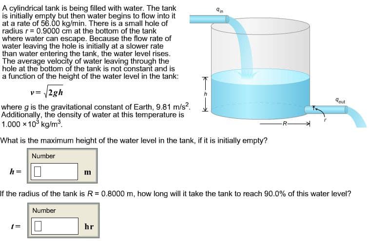 A cylindrical tank is being filled with water. The tank
is initially empty but then water begins to flow into it
at a rate of 56.00 kg/min. There is a small hole of
radius r= 0.9000 cm at the bottom of the tank
where water can escape. Because the flow rate of
water leaving the hole is initially at a slower rate
than water entering the tank, the water level rises.
The average velocity of water leaving through the
hole at the bottom of the tank is not constant and is
a function of the height of the water level in the tank:
din
v= 2gh
where g is the gravitational constant of Earth, 9.81 m/s?.
Additionally, the density of water at this temperature is
1.000 x 103 kg/m3.
dout
R-
What is the maximum height of the water level in the tank, if it is initially empty?
Number
h= O
m
If the radius of the tank is R= 0.8000 m, how long will it take the tank to reach 90.0% of this water level?
Number
t=
hr
