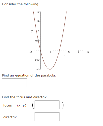 Consider the following.
y
focus
2
directrix
1.5-
1-
0.5-
Find an equation of the parabola.
-0.5
Find the focus and directrix.
(x, y) =
X
3
4