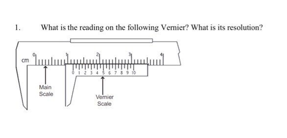 1.
cm
What is the reading on the following Vernier? What is its resolution?
Main
Scale
ավանականորթանո
3 4 5 6 7 8 9 10
Vernier
Scale