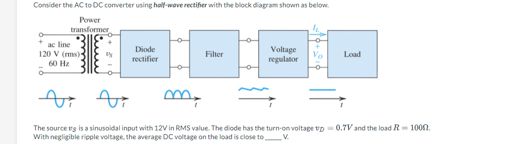 Consider the AC to DC converter using half-wave rectifier with the block diagram shown as below.
Power
transformer
+
ac line
120 V (rms).
60 Hz
+
Diode
rectifier
Filter
Voltage
regulator
+
Vo
Load
v
vi
The source Us is a sinusoidal input with 12V in RMS value. The diode has the turn-on voltage vp = 0.7V and the load R = 1000.
With negligible ripple voltage, the average DC voltage on the load is close to _________ V.