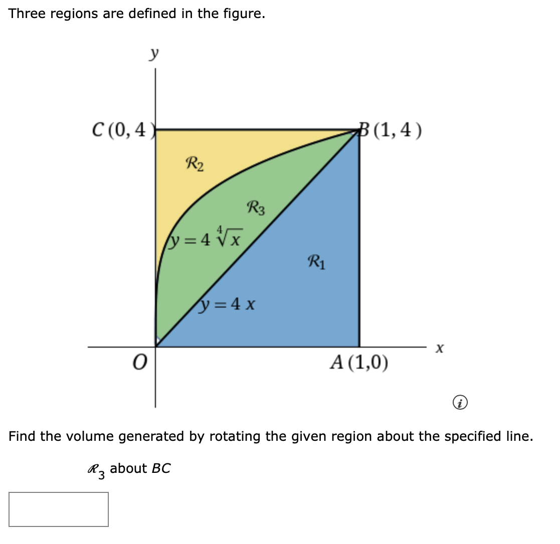 Three regions are defined in the figure.
y
C(0,4
R2
B(1,4)
R3
y = 4√√x
R1
y=4x
x
O
A (1,0)
Find the volume generated by rotating the given region about the specified line.
R 3
about BC