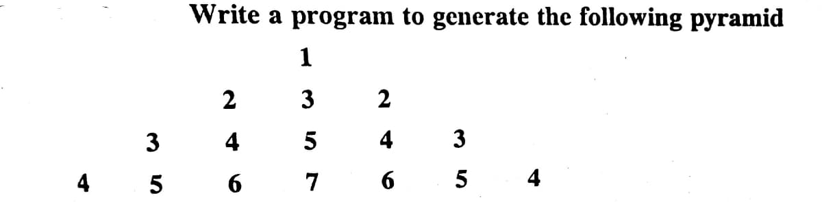 Write a program to generate the following pyramid
1
2
3
2
3
4
4
3
4 5
6
7
5 4
6
