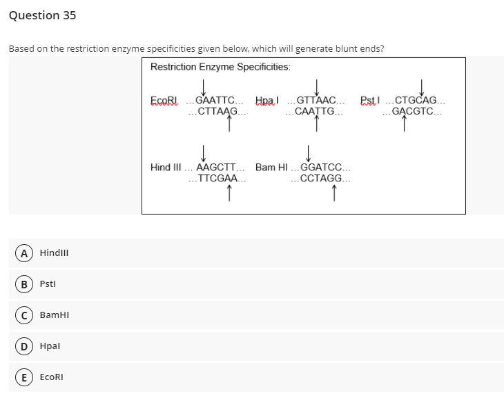 Question 35
Based on the restriction enzyme specificities given below, which will generate blunt ends?
Restriction Enzyme Specificities:
GAATTC. Hpal .GTTAAC..
...СТТААG...
PstI .CTGCAG...
.GĄCGTC.
ECORI
.CAAȚTG...
Hind II .. AAGCTT... Bam HI...GGATCC..
.CCTAGG..
ТTCGAA...
A) Hindlll
B) Pstl
BamHI
D) Hраl
E) EcoRI
