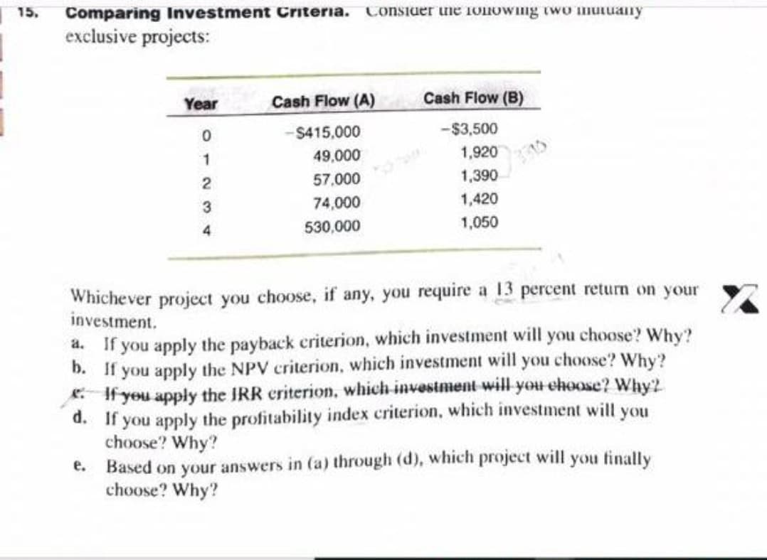 .5ו
Comparing Investment Criteria. onsiuer uie 1onOwing two inutuany
exclusive projects:
Cash Flow (B)
1TT
Year
Cash Flow (A)
S415,000
-$3,500
49,000
1,920
57.000
1,390
74,000
1,420
530,000
1,050
4
Whichever project you choose, if any, you require a 13 percent return on your
investment.
a. If you apply the payback criterion, which investment will you choose? Why?
b. If you apply the NPV criterion, which investment will you choose? Why?
8If you apply the IRR criterion, which investment will you choose? Why2
d. If you apply the profitability index criterion, which investment will you
choose? Why?
e. Based on your answers in (a) through (d), which project will you finally
choose? Why?
