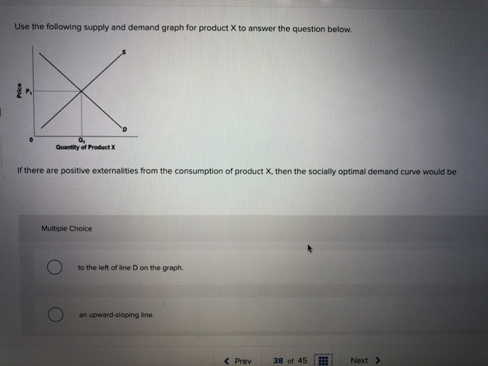 Use the following supply and demand graph for product X to answer the question below.
Price
X
Q₁
Quantity of Product X
If there are positive externalities from the consumption of product X, then the socially optimal demand curve would be
Multiple Choice
to the left of line D on the graph.
an upward-sloping line.
< Prev
38 of 45
*********
Next >