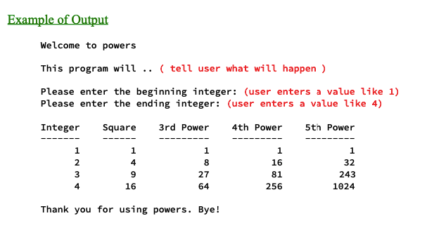 Example of Output
Welcome to powers
This program will.. ( tell user what will happen )
Please enter the beginning integer: (user enters a value like 1)
Please enter the ending integer: (user enters a value like 4)
Square 3rd Power
Integer
1
2
3
4
1
4
9
16
1
8
27
64
Thank you for using powers. Bye!
4th Power
1
16
81
256
5th Power
1
32
243
1024
