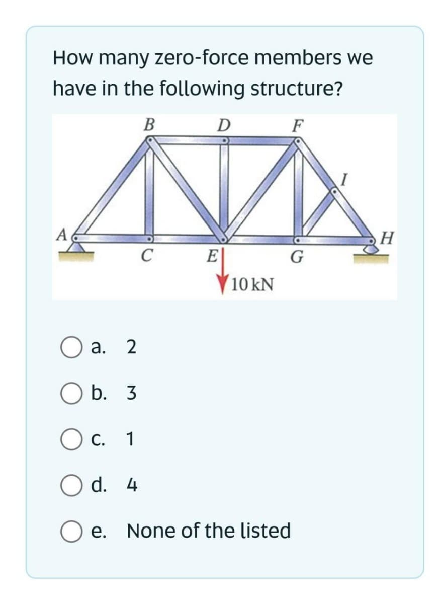 How many zero-force members we
have in the following structure?
B
F
A
a. 2
C
D
E|
10 kN
b. 3
O c. 1
O d.
4
e.
None of the listed
G
H