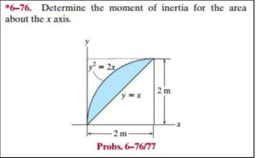 *6-76. Determine the moment of inertia for the area
about the x axis.
|y² = 2x₂
y=x
-2 m-
Probs. 6-76/77
2m