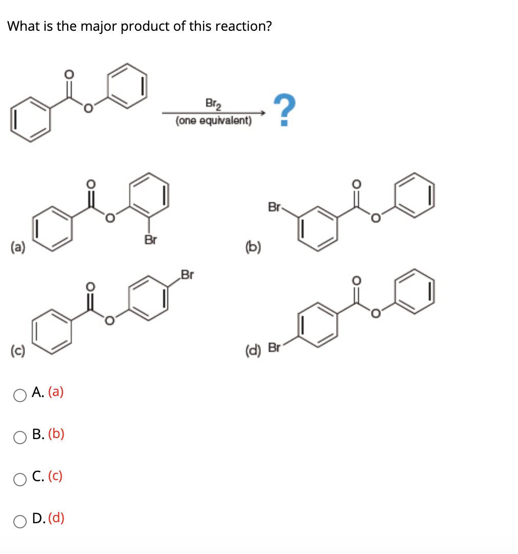 What is the major product of this reaction?
olo
Br2
(one equivalent)
?
Br
Br
(a)
(b)
Br
(c)
(d) Br
O A. (a)
В. (Ь)
C. (C)
D. (d)
