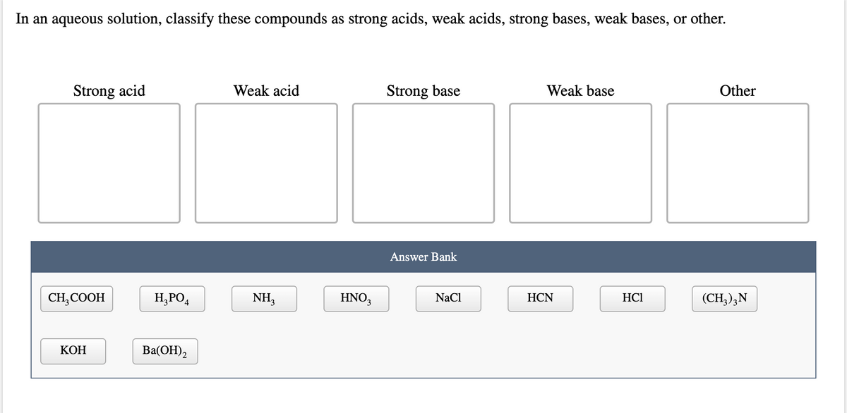 In an aqueous solution, classify these compounds as strong acids, weak acids, strong bases, weak bases, or other.
Strong acid
Weak acid
Strong base
Weak base
Other
Answer Bank
H,PO4
NH3
HNO,
(CH,),N
CH,COOH
NaCl
HCN
HCI
КОН
Ва(ОН),

