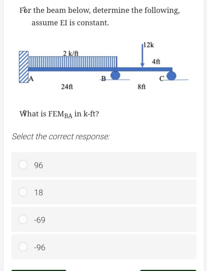 For the beam below, determine the following,
assume EI is constant.
What is FEMBA in k-ft?
96
18
2 k/ft
Select the correct response:
O-69
24ft
-96
B
12k
8ft
4ft