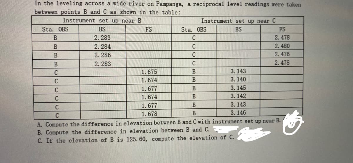 In the leveling across a wide river on Pampanga, a reciprocal level readings were taken
between points B and C as shown in the table:
Instrument set up near B
Instrument set up near C
Sta. OBS
BS
FS
Sta. OBS
BS
FS
2. 283
C
2.478
2. 284
C
2.480
В
2. 286
C
2. 476
2. 283
C
2.478
1. 675
1. 674
1. 677
C
3. 143
C
3. 140
3. 145
C
C
1. 674
B
3. 142
3. 143
1. 677
1. 678
В
B
3. 146
C
A. Compute the difference in elevation between B and C with instrument set up near B.
B. Compute the difference in elevation between B and C.
C. If the elevation ofB is 125. 60, compute the elevation of C.
