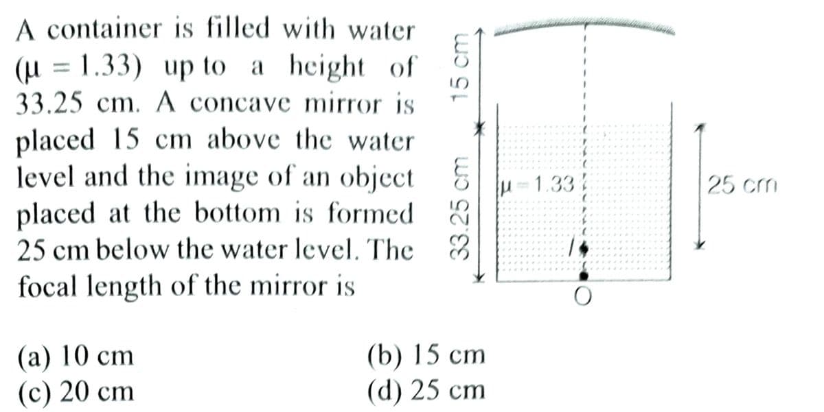 A container is filled with water
(u = 1.33) up to a height of
33.25 cm. A concave mirror is
placed 15 cm above the water
level and the image of an object
placed at the bottom is formed
25 cm below the water level. The
focal length of the mirror is
(a) 10 cm
(c) 20 cm
15 cm
33.25 cm
(b) 15 cm
(d) 25 cm
μ-1.33%
25 cm