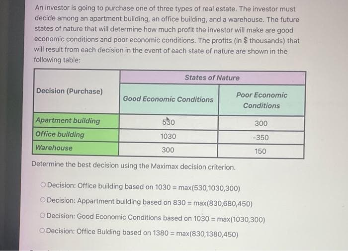 An investor is going to purchase one of three types of real estate. The investor must
decide among an apartment building, an office building, and a warehouse. The future
states of nature that will determine how much profit the investor will make are good
economic conditions and poor economic conditions. The profits (in $ thousands) that
will result from each decision in the event of each state of nature are shown in the
following table:
States of Nature
Decision (Purchase)
Poor Economic
Good Economic Conditions
Conditions
Apartment building
530
300
Office building
1030
-350
Warehouse
300
150
Determine the best decision using the Maximax decision criterion.
O Decision: Office building based on 1030 = max(530,1030,300)
O Decision: Appartment building based on 830 = max(830,680,450)
O Decision: Good Economic Conditions based on 1030 = max(1030,300)
O Decision: Office Bulding based on 1380 = max(830,1380,450)
