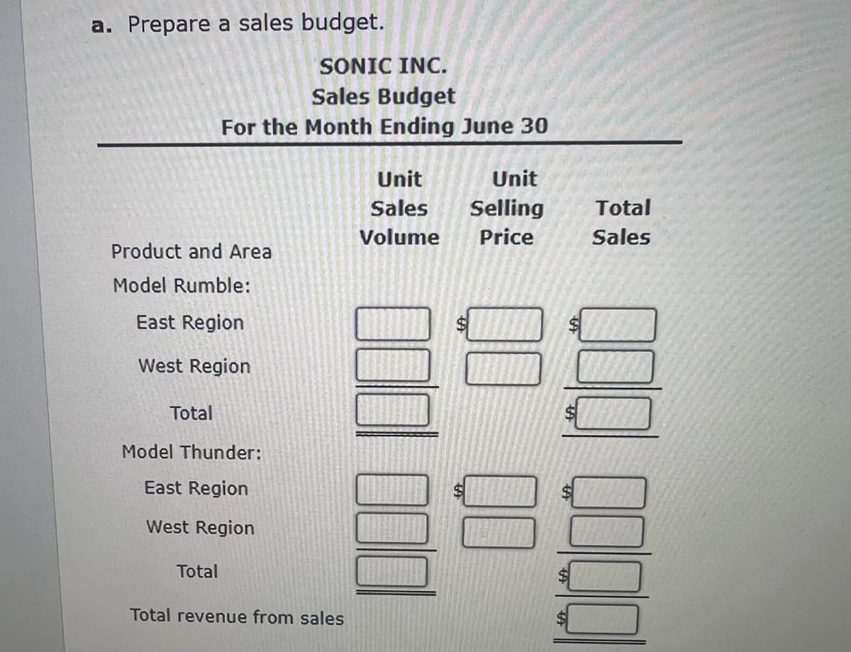 a. Prepare a sales budget.
Product and Area
Model Rumble:
East Region
West Region
Total
SONIC INC.
Sales Budget
For the Month Ending June 30
Model Thunder:
East Region
West Region
Total
Total revenue from sales
Unit
Sales
Volume
Unit
Selling
Price
Total
Sales
000 0000