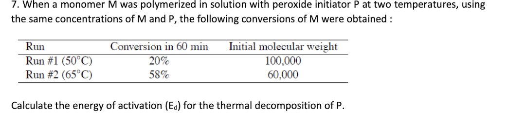 7. When a monomer M was polymerized in solution with peroxide initiator P at two temperatures, using
the same concentrations of M and P, the following conversions of M were obtained :
Run
Run #1 (50°C)
Run #2 (65°C)
Conversion in 60 min
20%
58%
Initial molecular weight
100,000
60,000
Calculate the energy of activation (Ed) for the thermal decomposition of P.