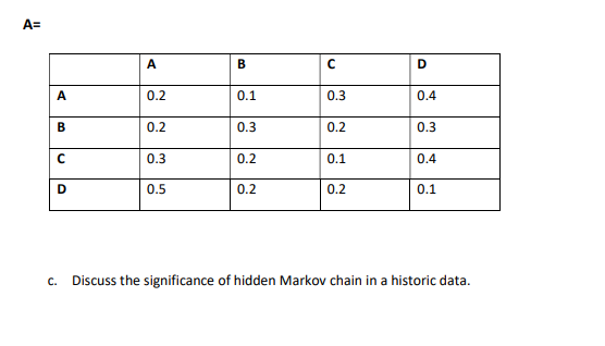 A=
A
В
D
A
0.2
0.1
0.3
0.4
B
0.2
0.3
0.2
0.3
0.3
0.2
0.1
0.4
D
0.5
0.2
0.2
0.1
c. Discuss the significance of hidden Markov chain in a historic data.
